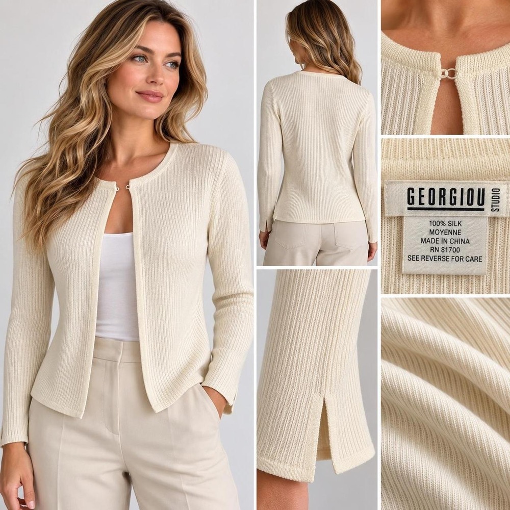 Georgiou Studio 100% Silk Knit Cardigan Cream Ribbed Hook Eye Sweater Medium